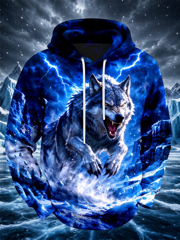 Adaychic Men's Long Sleeve Pullover Hoodie - Angry Wolf With Lightning And Ice Print with Kangaroo Pocket