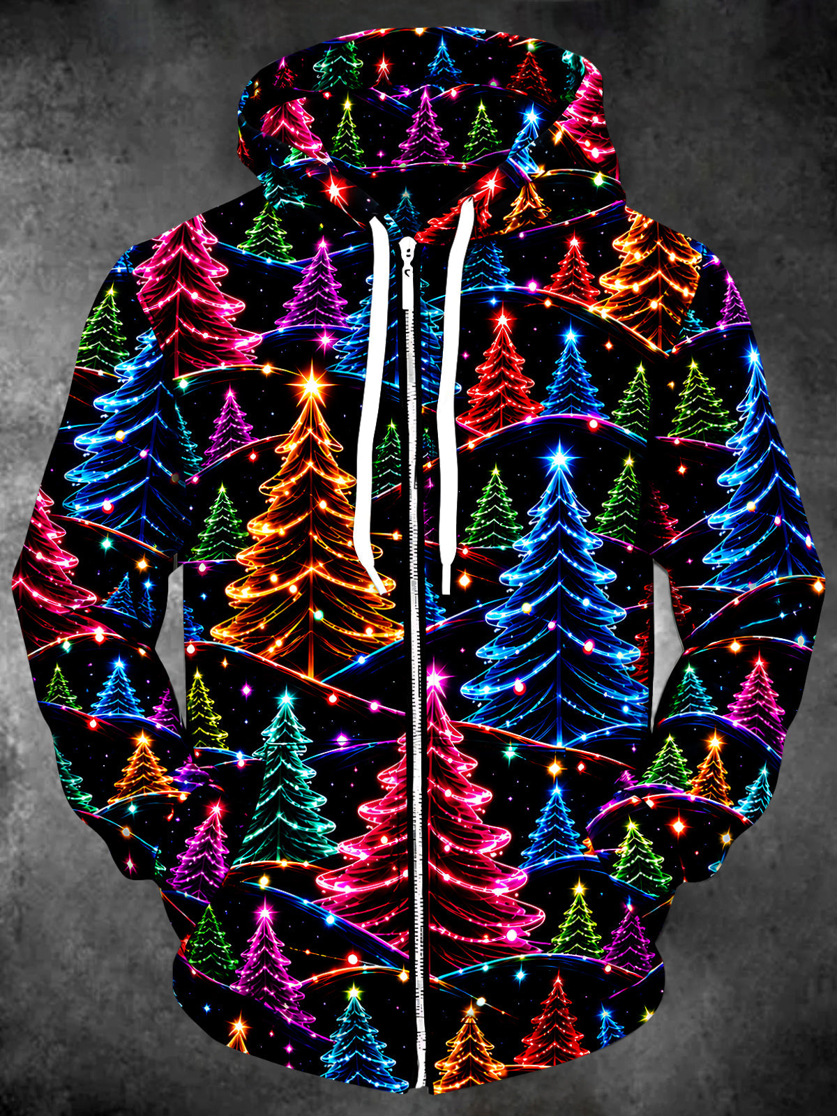 Adaychic Men's Neon Christmas Trees And Lights Print Long Sleeve Zip-Up Hoodie