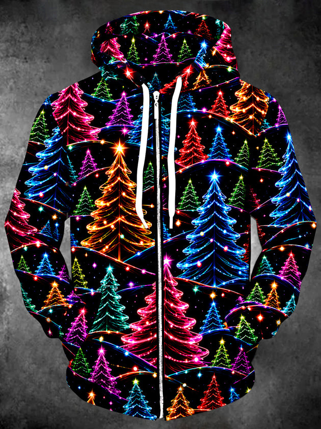 Adaychic Men's Neon Christmas Trees And Lights Print Long Sleeve Zip-Up Hoodie