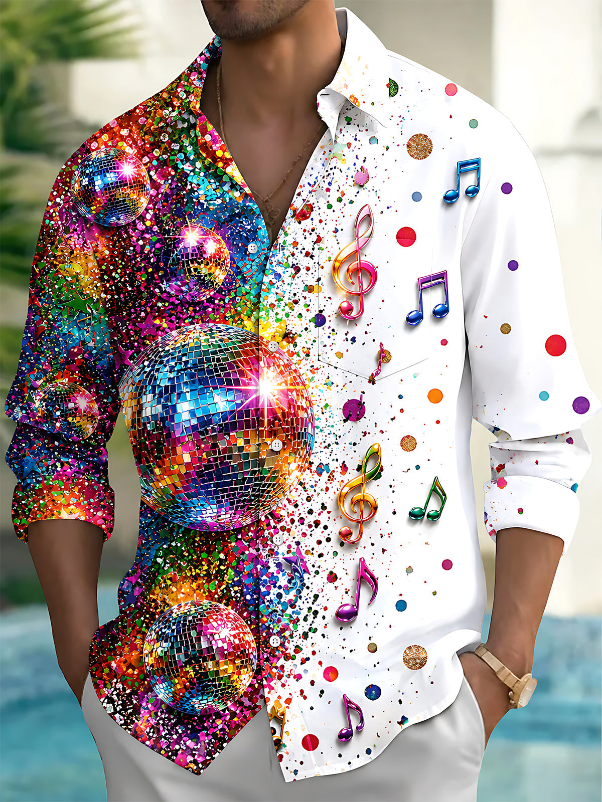 Adaychic Men's Retro Disco Balls And Musical Notes Print Long Sleeve Shirt with Chest Pocket