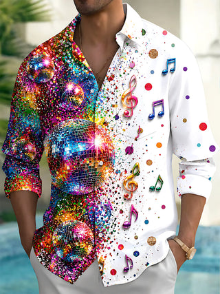 Adaychic Men's Retro Disco Balls And Musical Notes Print Long Sleeve Shirt with Chest Pocket