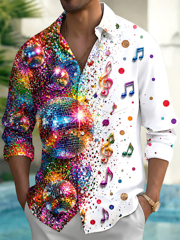 Adaychic Men's Retro Disco Balls And Musical Notes Print Long Sleeve Shirt with Chest Pocket