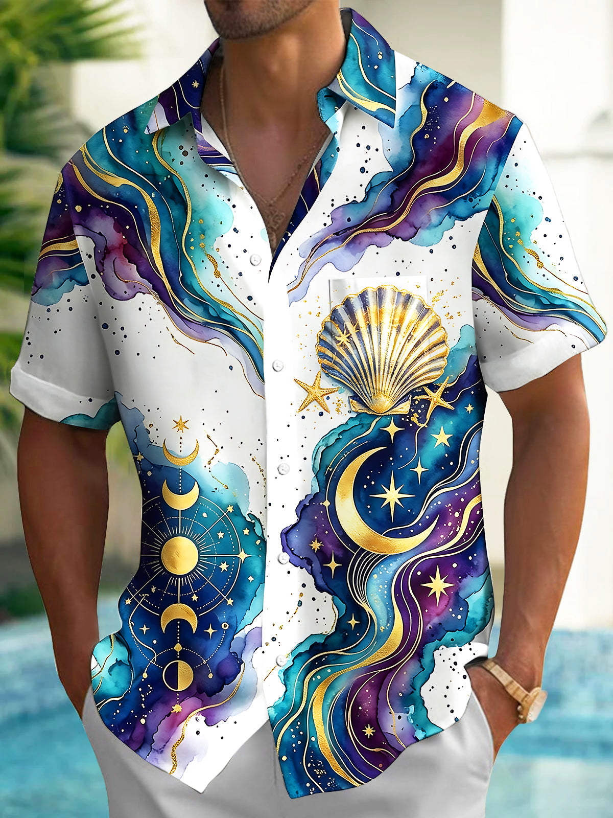 Adaychic Men's Hawaiian Watercolor Ocean Waves Print Short Sleeve Shirt with Chest Pocket