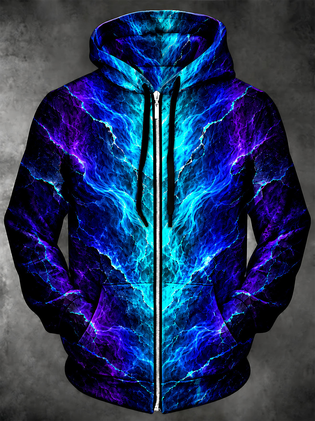 Adaychic Men's Long Sleeve Zip-Up Hoodie - Abstract Blue And Purple Lightning Print