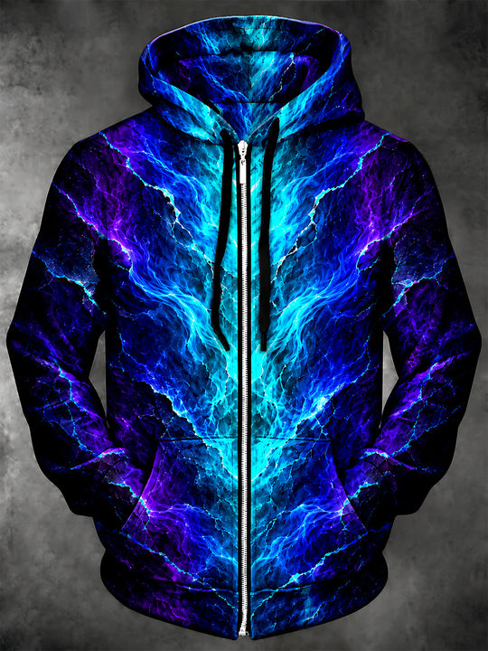 Adaychic Men's Long Sleeve Zip-Up Hoodie - Abstract Blue And Purple Lightning Print