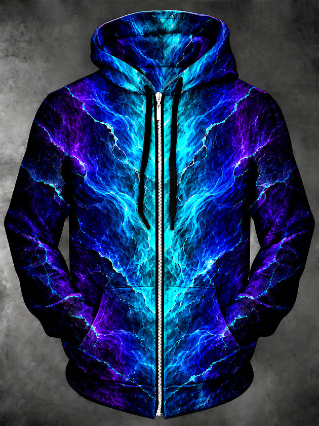 Adaychic Men's Long Sleeve Zip-Up Hoodie - Abstract Blue And Purple Lightning Print