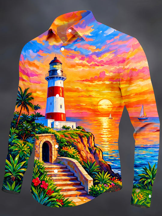 Adaychic Men's Coastal Lighthouse Sunset Seascape Print Long Sleeve Shirt with Chest Pocket