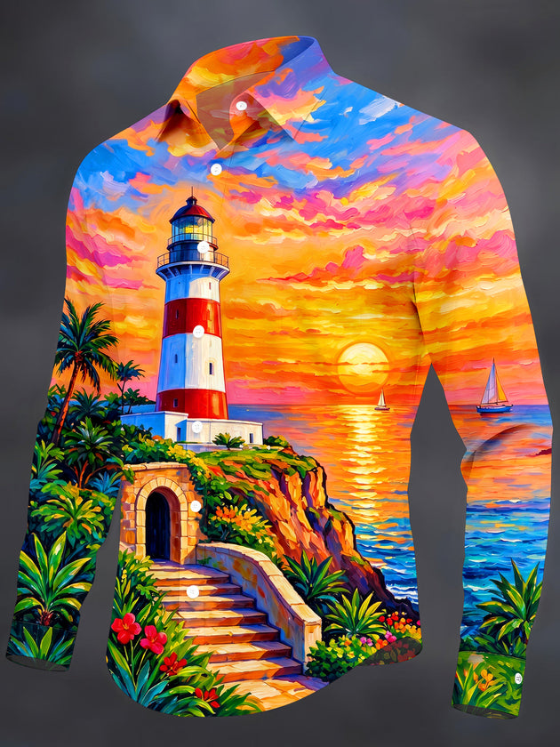 Adaychic Men's Coastal Lighthouse Sunset Seascape Print Long Sleeve Shirt with Chest Pocket
