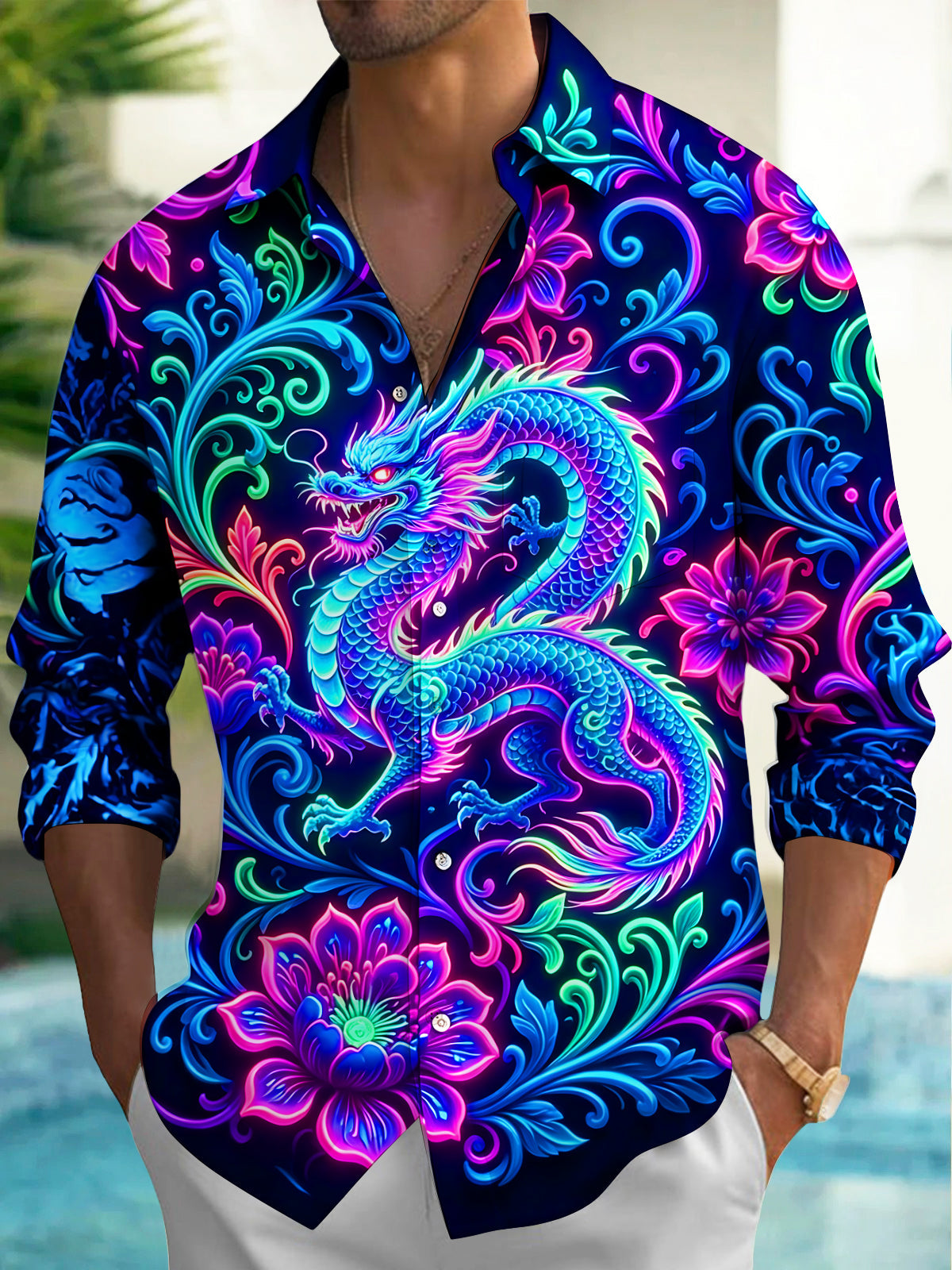 Adaychic Men's Graphic Neon Fantasy Dragon Print Long Sleeve Shirt with Chest Pocket