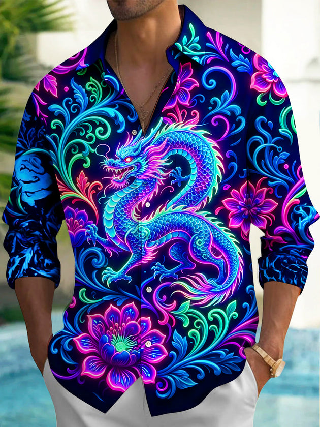 Adaychic Men's Graphic Neon Fantasy Dragon Print Long Sleeve Shirt with Chest Pocket