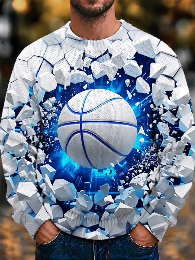 Adaychic Men's Long Sleeve Crew Neck Sweater - 3D Basketball Breaking Through Wall Print
