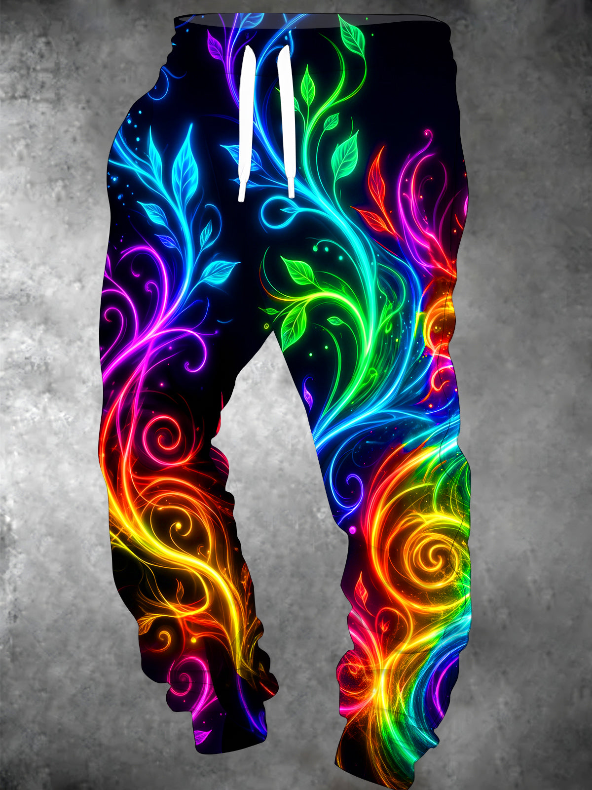 Adaychic Men's Drawstring Elastic-Waist Sweatpants - Neon Colorful Vines And Leaves Print with Side Pockets