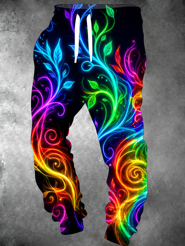 Adaychic Men's Drawstring Elastic-Waist Sweatpants - Neon Colorful Vines And Leaves Print with Side Pockets
