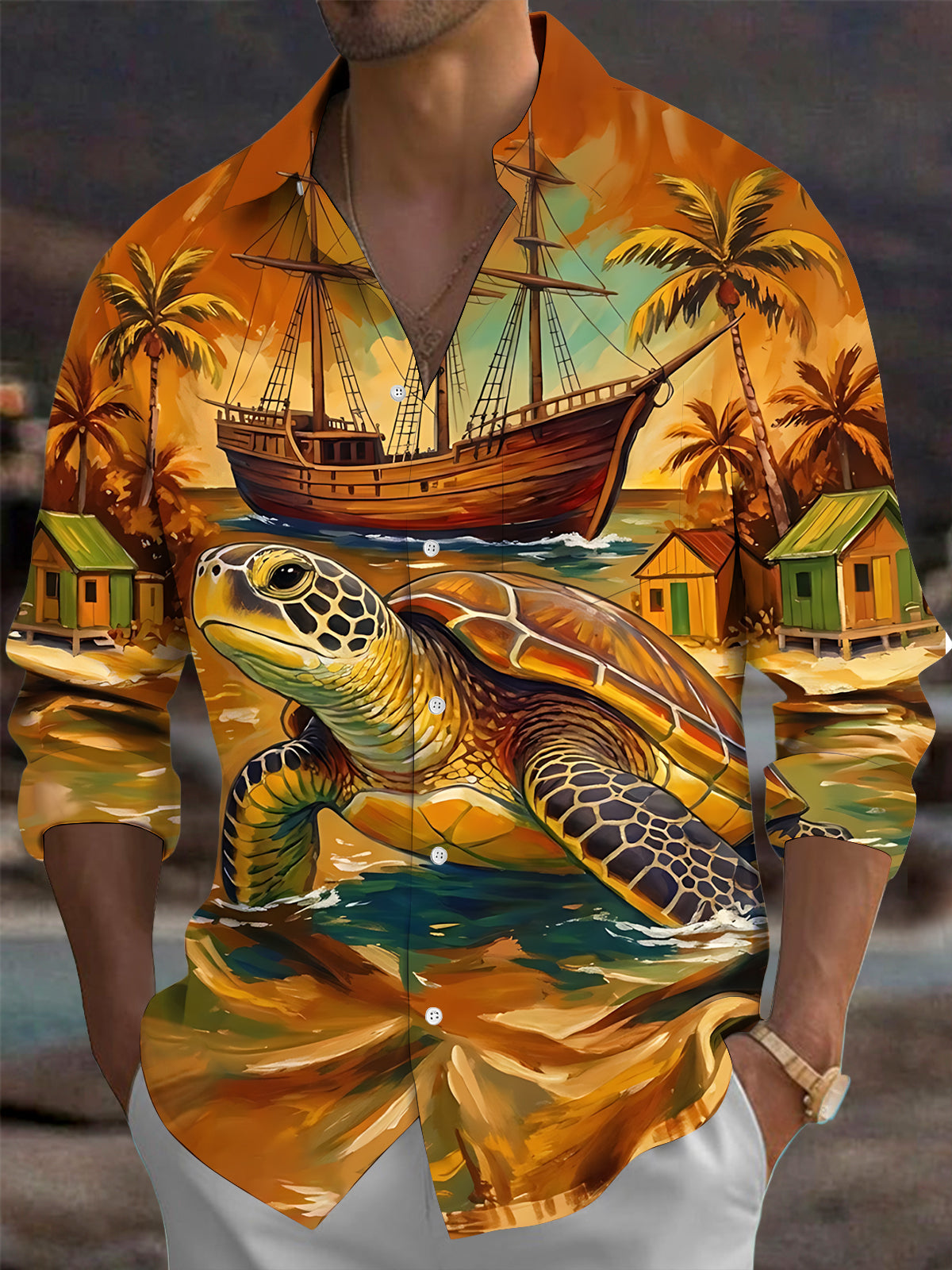 Adaychic Men's Hawaiian Sea Turtle And Sailing Ship Print Long Sleeve Shirt with Chest Pocket