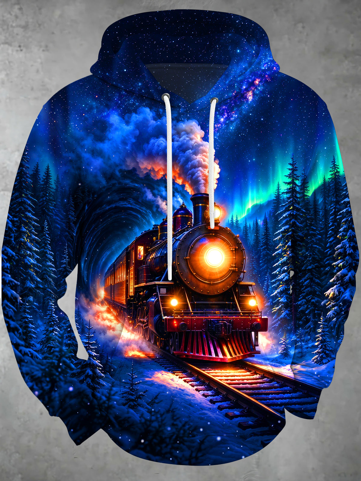 Adaychic Men's Long Sleeve Pullover Hoodie - Steam Train In Winter Night Landscape Print with Kangaroo Pocket