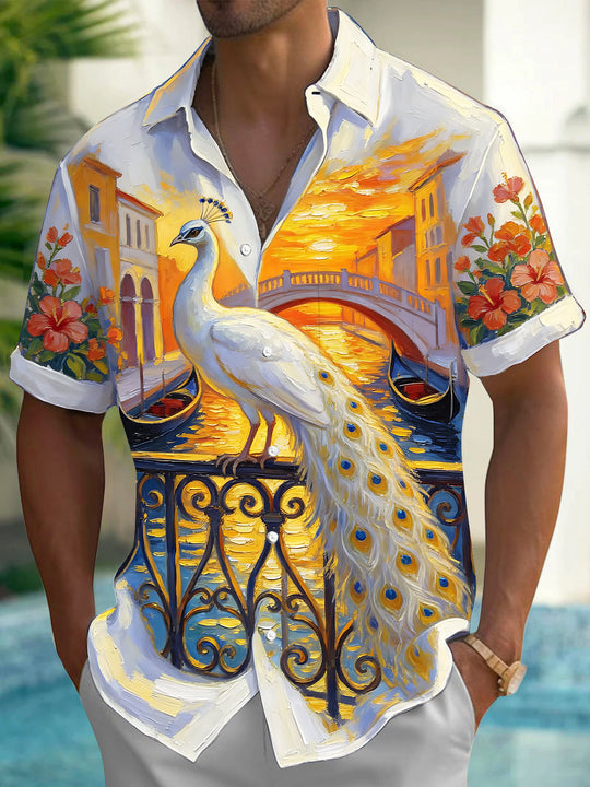 Adaychic Men's White Peacock And Venice Canal Scene Print Short Sleeve Shirt with Chest Pocket