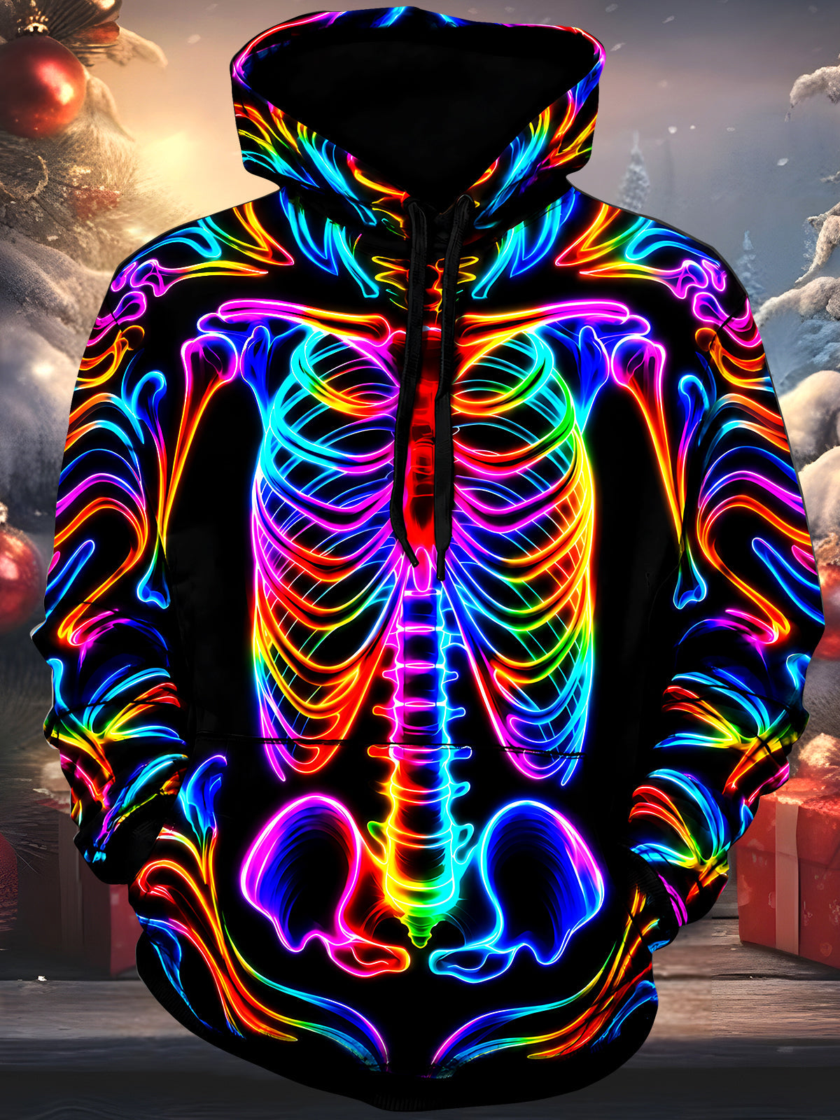 Adaychic Men's Graphic Neon Rainbow Skeleton Print Long Sleeve Hoodie