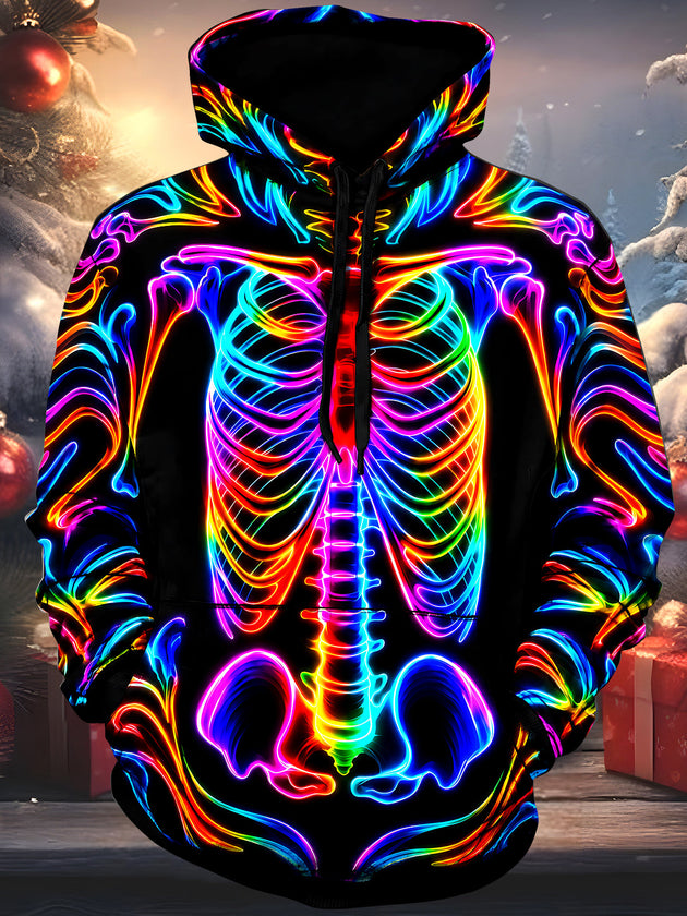 Adaychic Men's Graphic Neon Rainbow Skeleton Print Long Sleeve Hoodie