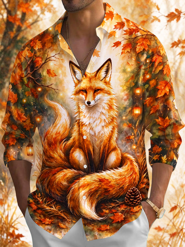 Adaychic Men's Autumn Fox With Lanterns And Leaves Print Long Sleeve Shirt with Chest Pocket