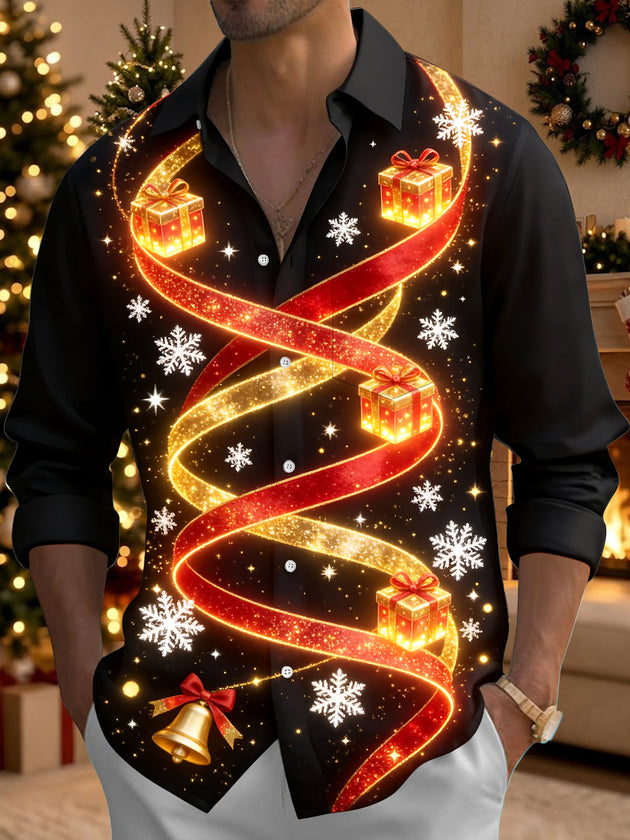 Adaychic Men's Long Sleeve Shirt - Christmas Gift Boxes And Snowflakes With Ribbon Print with Chest Pocket
