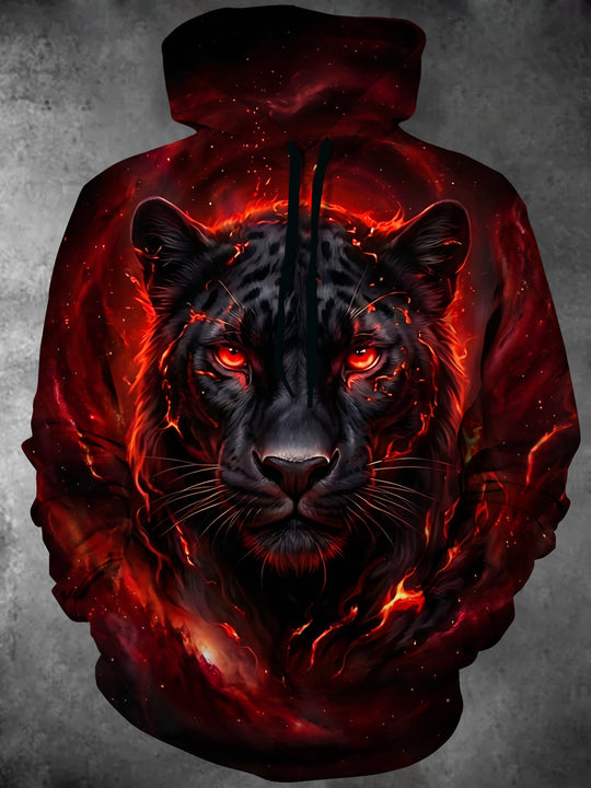 Adaychic Men's Graphic Flaming Black Panther Face Print Long Sleeve Hoodie