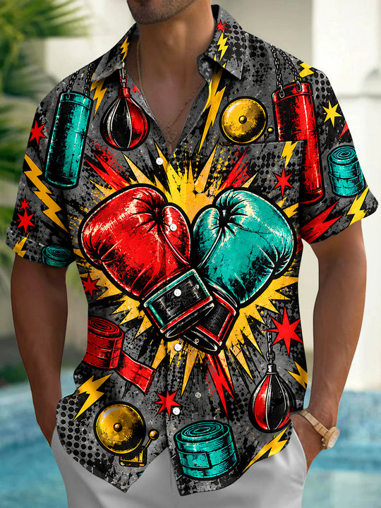 Adaychic Men's Graphic Boxing Gloves And Equipment Print Short Sleeve Shirt with Chest Pocket