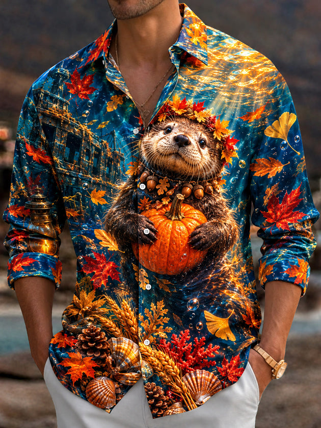 Adaychic Men's Long Sleeve Shirt - Autumn Otter Holding Pumpkin With Autumn Leaves Print with Chest Pocket