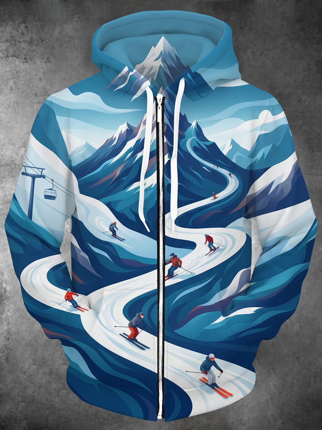 Adaychic Men's Long Sleeve Zip-Up Hoodie - Snowy Mountain Ski Trail With Skiers Print
