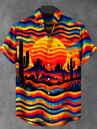 Adaychic Men's Short Sleeve Shirt - Desert Sunset Landscape With Cacti And Birds Print with Chest Pocket