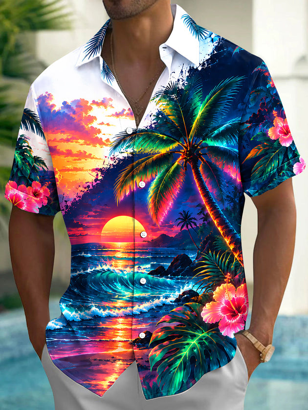 Adaychic Men's Palm Tree And Sunset Beach Scene Print Short Sleeve Shirt with Chest Pocket