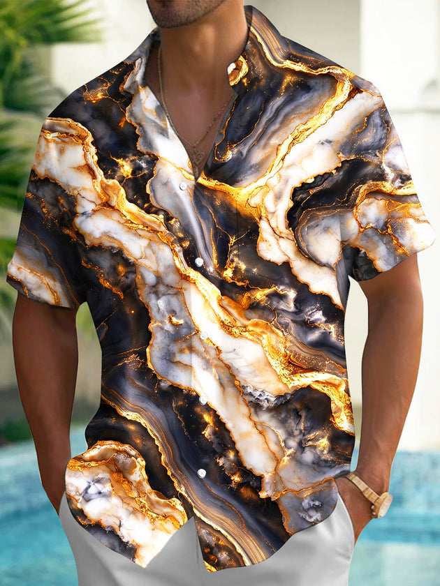 Adaychic Men's Patterned Black Gold Gilded Marble Print Short Sleeve Shirt with Chest Pocket