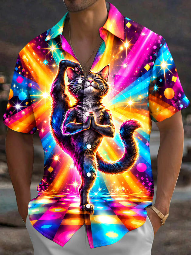 Adaychic Men's Graphic Yoga Cat With Disco Background Print Short Sleeve Shirt with Chest Pocket