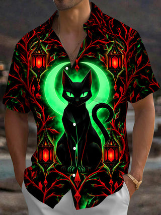 Adaychic Men's Short Sleeve Shirt - Halloween Black Cat With Green Moon And Red Lanterns Print with Chest Pocket
