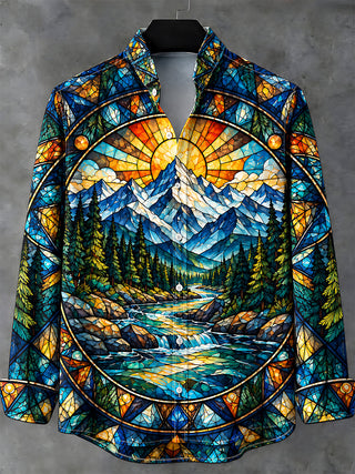 Adaychic Men's Long Sleeve Stand Collar Shirt - Stained Glass Mountain River Landscape Print