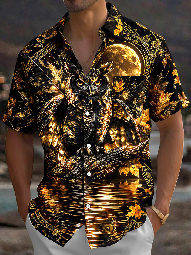 Adaychic Men's Hawaiian Owl And Moon With Maple Leaves Print Short Sleeve Shirt with Chest Pocket