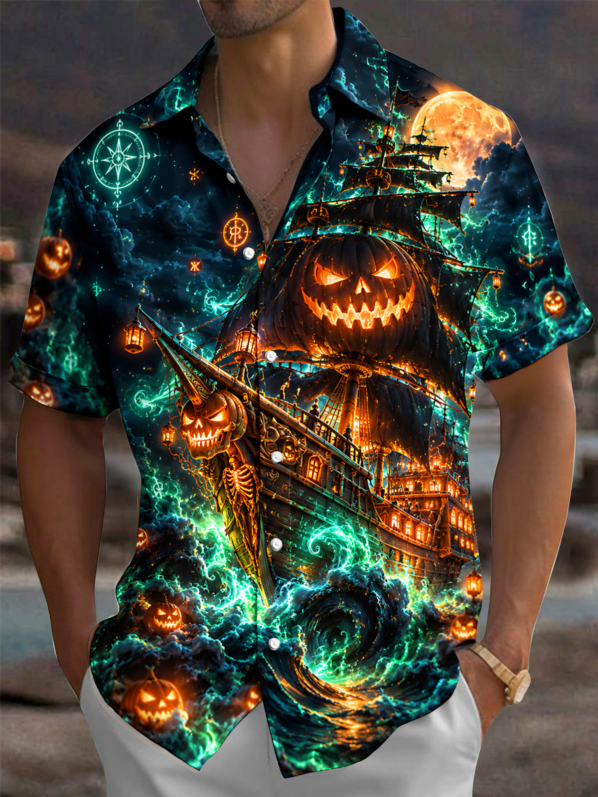 Adaychic Men's Graphic Halloween Pumpkin Ghost Ship Print Short Sleeve Shirt with Chest Pocket
