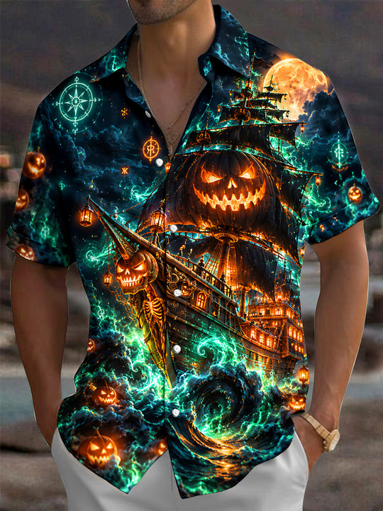Adaychic Men's Graphic Halloween Pumpkin Ghost Ship Print Short Sleeve Shirt with Chest Pocket