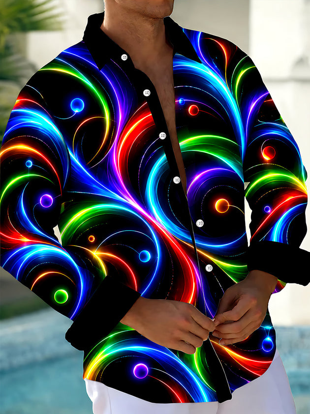 Adaychic Men's Printed Neon Abstract Swirls And Circles Print Long Sleeve Shirt with Chest Pocket