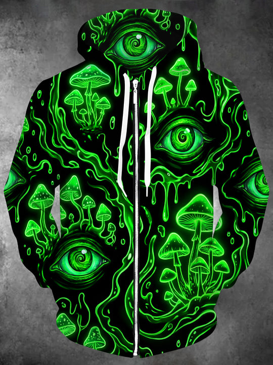 Adaychic Men's Glowing Green Mushrooms And Eyes Print Long Sleeve Zip-Up Hoodie