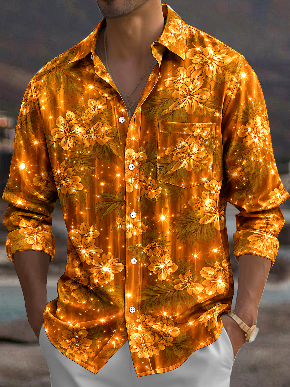 Adaychic Men's Golden Floral Leaves And Sparkles Print Long Sleeve Shirt with Chest Pocket