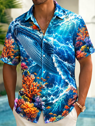Adaychic Men's Hawaiian Blue Whale And Coral Reef Print Short Sleeve Shirt with Chest Pocket
