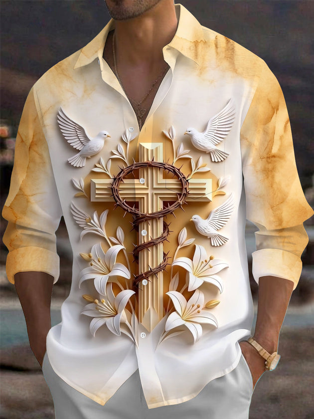 Adaychic Men's 3D Christian Cross With Crown Of Thorns Print Long Sleeve Shirt with Chest Pocket