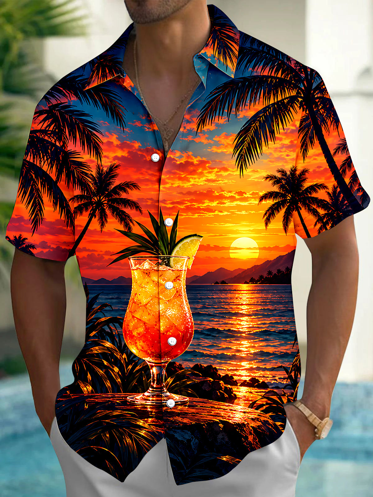 Adaychic Men's Short Sleeve Shirt - Tropical Sunset With Cocktail And Palm Trees Print with Chest Pocket