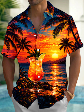 Adaychic Men's Short Sleeve Shirt - Tropical Sunset With Cocktail And Palm Trees Print with Chest Pocket