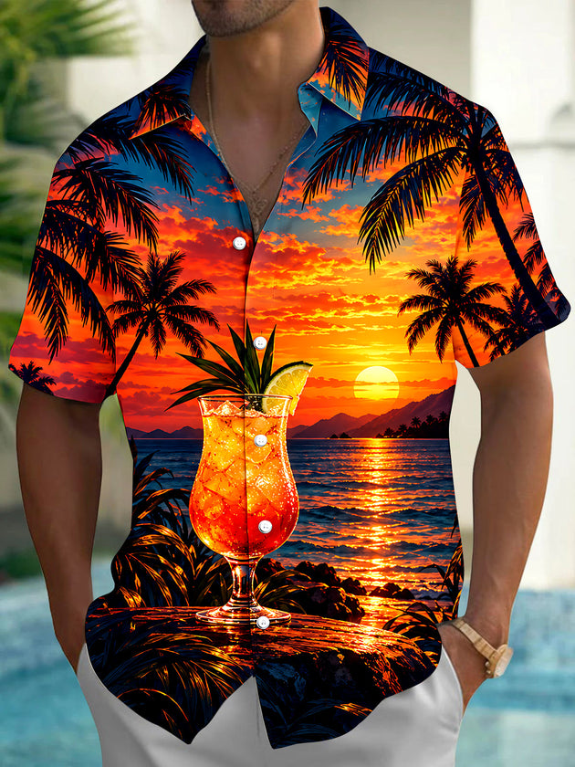 Adaychic Men's Short Sleeve Shirt - Tropical Sunset With Cocktail And Palm Trees Print with Chest Pocket