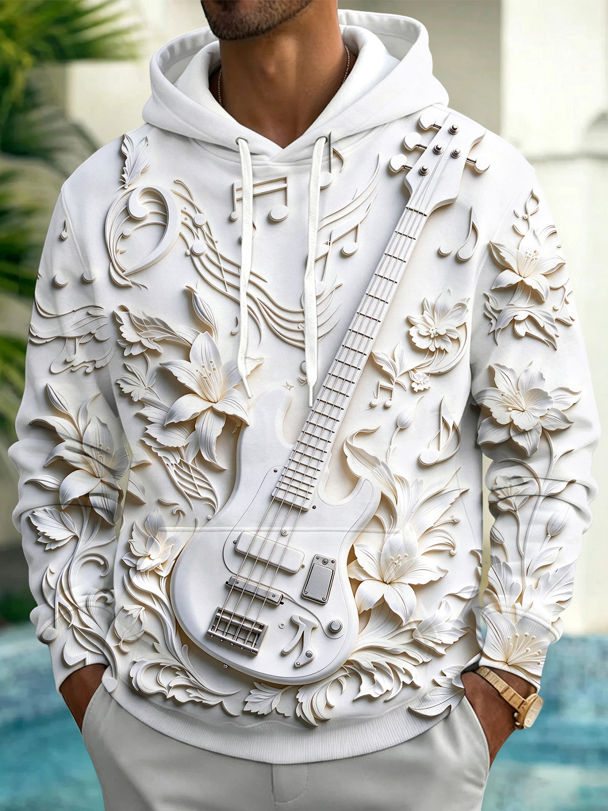 Adaychic Men's Graphic Embossed Guitar And Floral Pattern Long Sleeve Hoodie