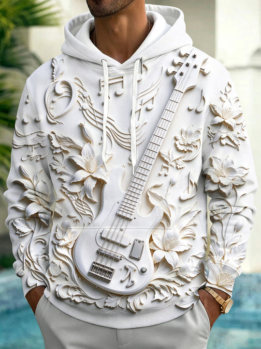 Adaychic Men's Graphic Embossed Guitar And Floral Pattern Long Sleeve Hoodie