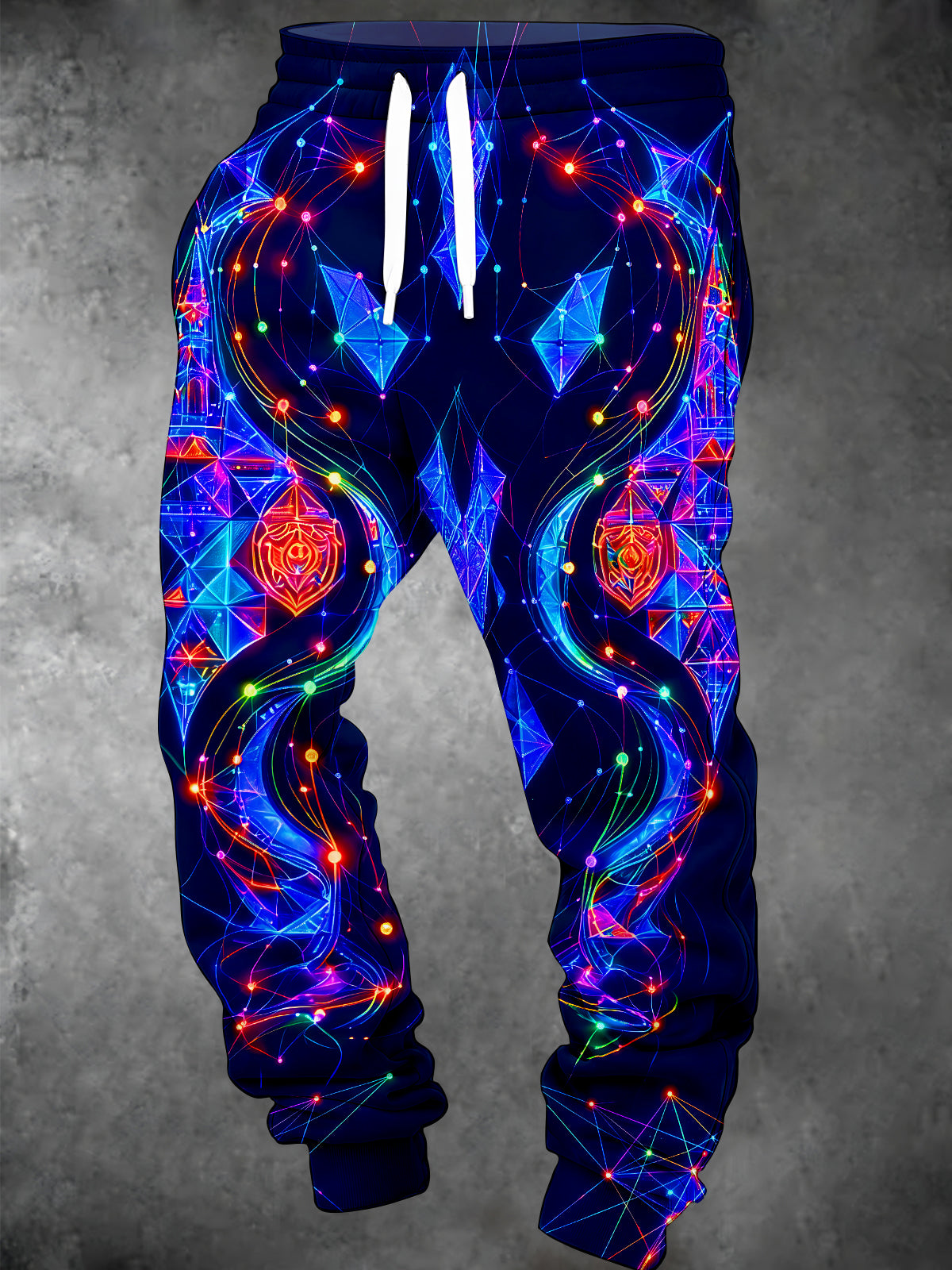 Adaychic Men's Printed Neon Geometric Network And Crystal Shapes Print Pants