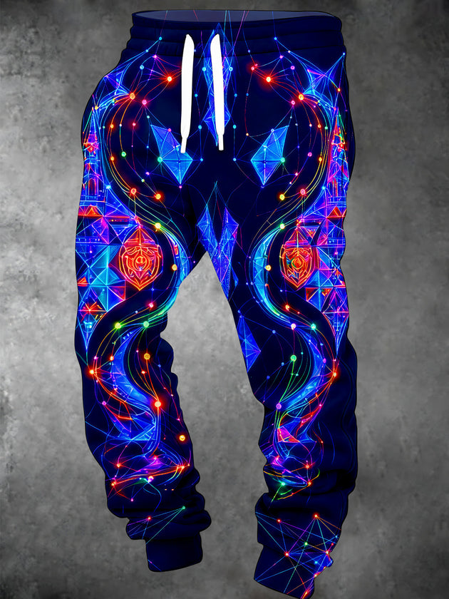 Adaychic Men's Printed Neon Geometric Network And Crystal Shapes Print Pants