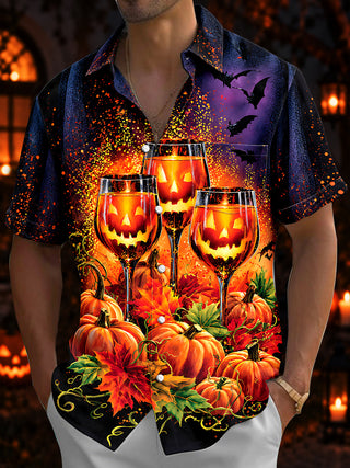 Adaychic Men's Short Sleeve Shirt - Halloween Jack-o-lantern Wine Glasses And Pumpkins Print with Chest Pocket